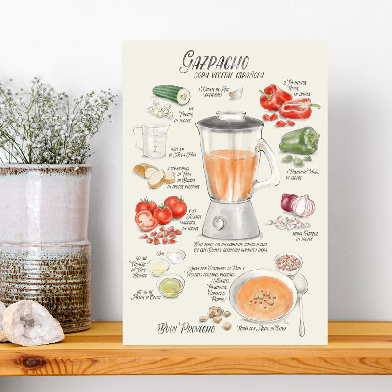 Art mural contemporain espagnol "Recette de gaspacho espagnol", H 18 po x l 12 po