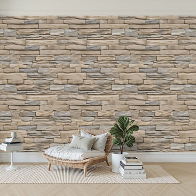 Papier peint adhésif mural en brique de pierre neutre gris et beige à motif de tons de beige H 100 po x l 144 po, papier mural amovible en PVC pour décoration de chambre à coucher, de chambre de bébé et de chambre d'enfant