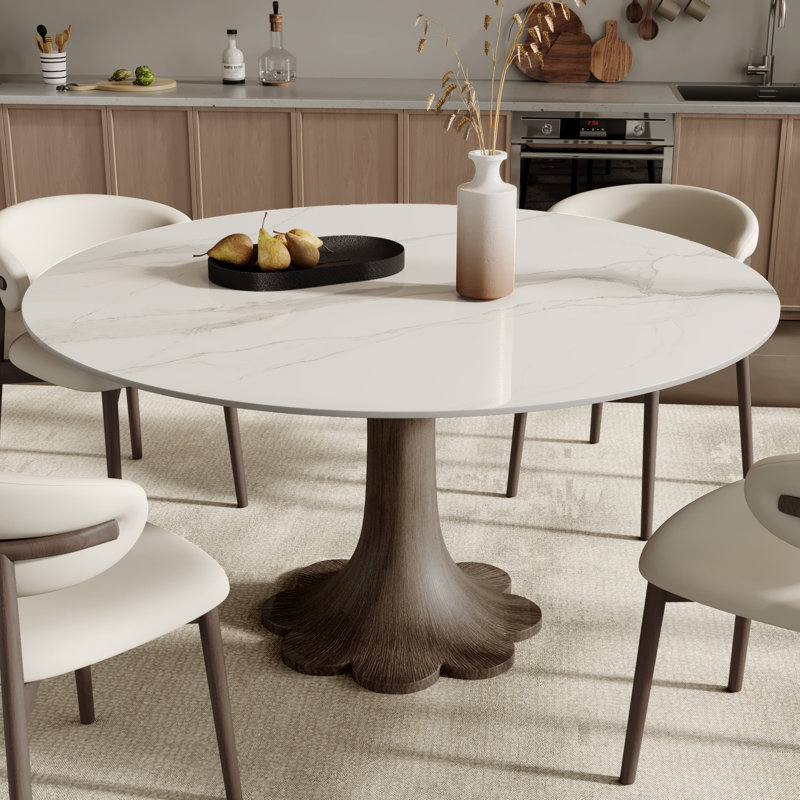 Mid-Century Modern Snow/Sand Sintered Stone Round Colyer Solid Wood Floral-Shaped Pedestal Walnut/Dark Walnut Tone (1 Table, 4/6/8 Chairs)