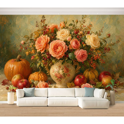 Wall Mural Peel and Stick Wallpaper Still Life Roses Pumpkins Apples Grapes Decorative Vase fall Self-Adhesive Removable Contact Paper Wall Decor for Living Room Bedroom 100"H x 144"W