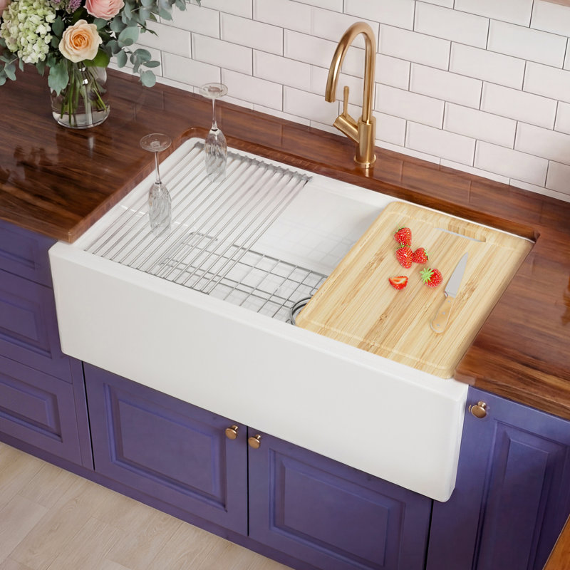 L 33 po x l 20 po en argile réfractaire à tablier de cuisine à tablier frontal frontal pour cuisine, cuve simple, support double, avec planche à découper et grille d'évier