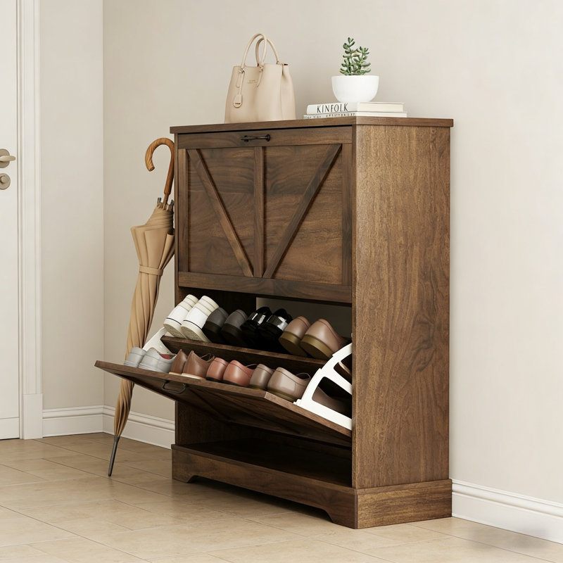 Premium Wooden Shoe Cabinet For Home, 37" H x 31.5" W x 9.5" D, Dark Brown