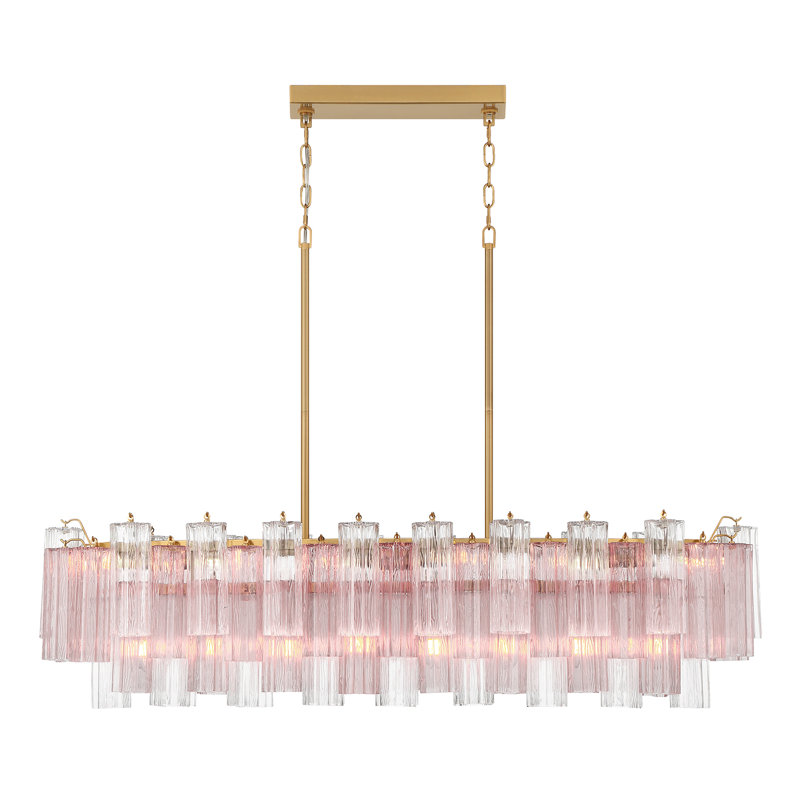 Mexborough 14 Light Polished Chrome Linear Chandelier, Pink/Aged Brass