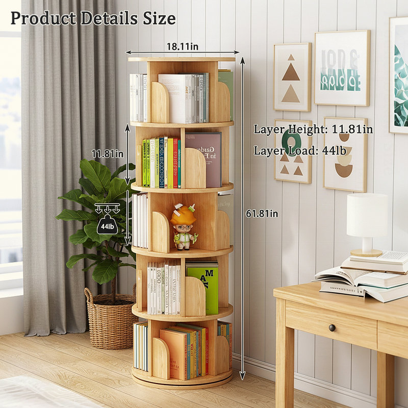 5 Tier 360° Rotating Bookshelf Tower - Space-Saving Round Spinning Display Shelf for Bedroom/Living Room/Office/Home, Natural