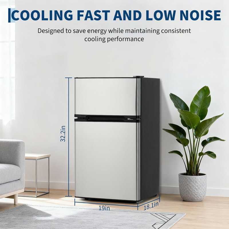 Double Door Mini Fridge with Freezer, 3.1 Cu.Ft - Stainless Steel Compact Refrigerator, Adjustable Thermostat, Removable Glass Shelves for Small Spaces, Dorm, Apartment