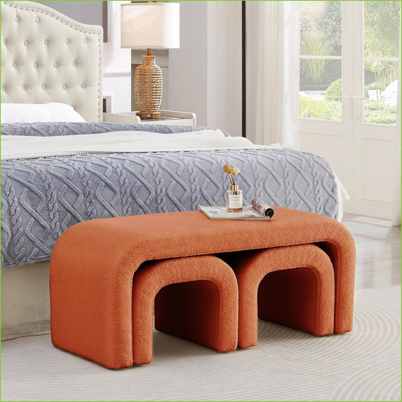 Ensemble de 3 repose-pieds en U modernes pour vestibule, chambre à coucher, salon | Sherpa en bois massif | Teddy orange