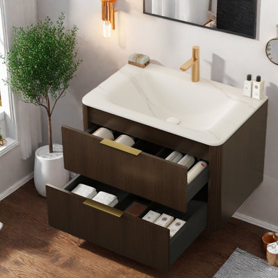 Meuble-lavabo moderne de 30 po avec meuble-lavabo et lavabo, lavabo blanc Carrara, finition grain de bois noyer, rangement spacieux pour la salle de bain