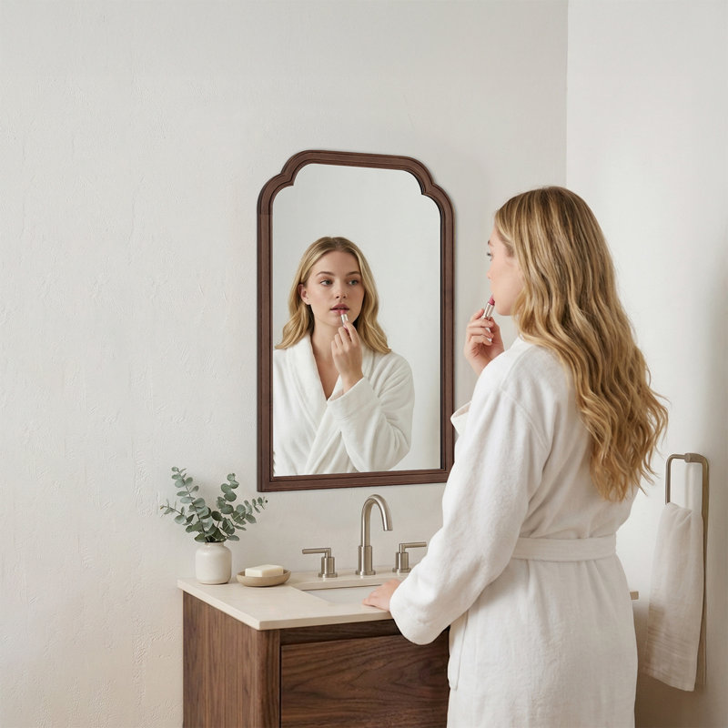 Ancalin Solid Wood Arched Wall Mirror, 30" x 20", Walnut