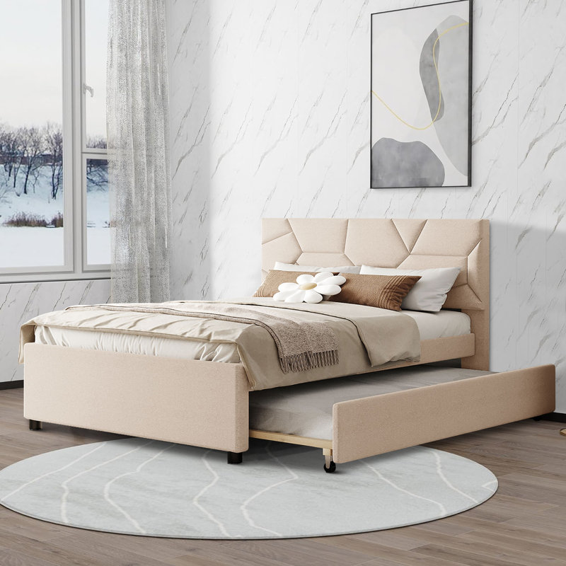Lit plateforme tapissier avec lit gigogne Izabela, Beige, Double