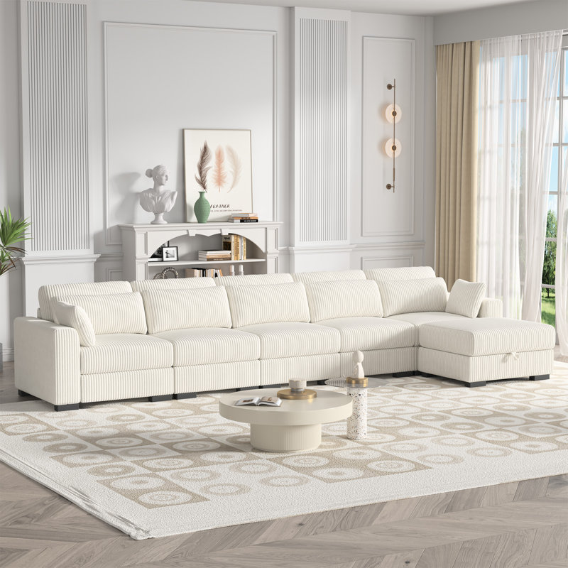 6-Piece 161.3" Reversible Upholstery Sectional Sofa With Movable Storage Ottoman, Corduroy Sofa Collection, Beige Corduroy