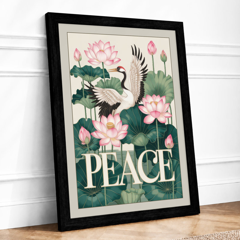Crane Among Lotus Japandi - Framed Print, A1 - 84.1 x 59.4 cm, Black