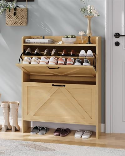 Range-chaussures avec 3 tiroirs rabattables, range-chaussures en bois avec tablette réglable, Naturel