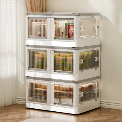 Bacs de rangement pliables à 3 niveaux, bacs de rangement empilables en plastique avec couvercles et roulettes, armoire de rangement en plastique pour faciliter le rangement et l'organisation, grande boîte de rangement pliable pour la maison et le burea