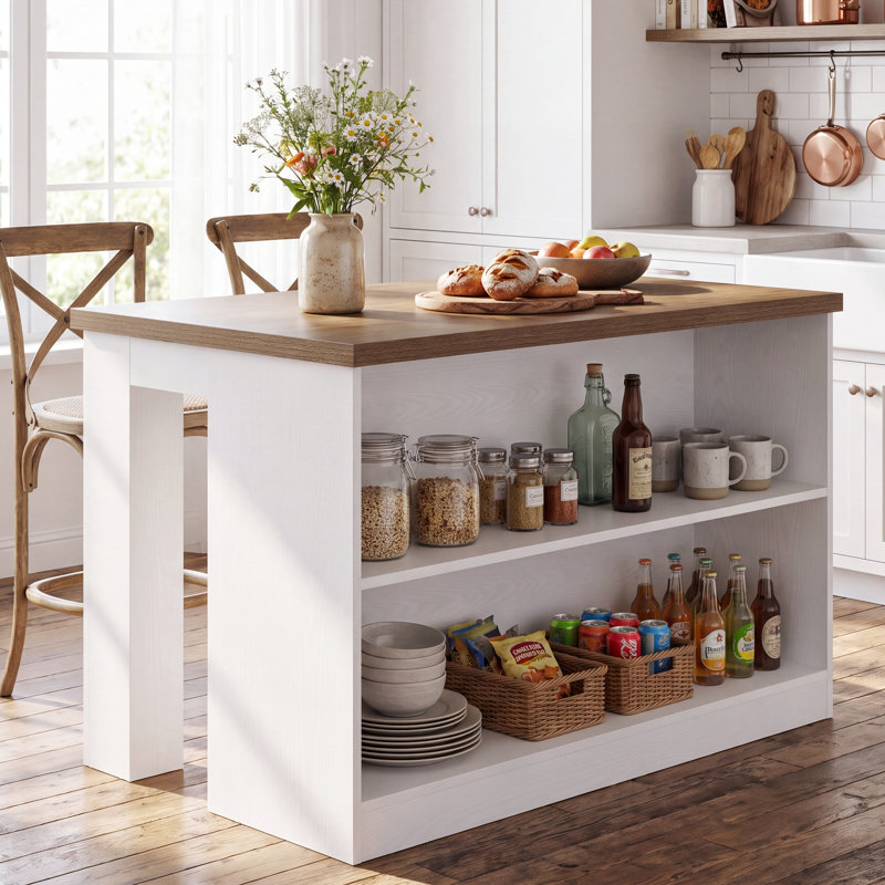 Table de bar 55,25 po à deux tons pour îlot de cuisine, table de petit déjeuner de style campagnard avec tablettes de rangement à 2 niveaux et espace pour les jambes pour la cuisine et la salle à manger