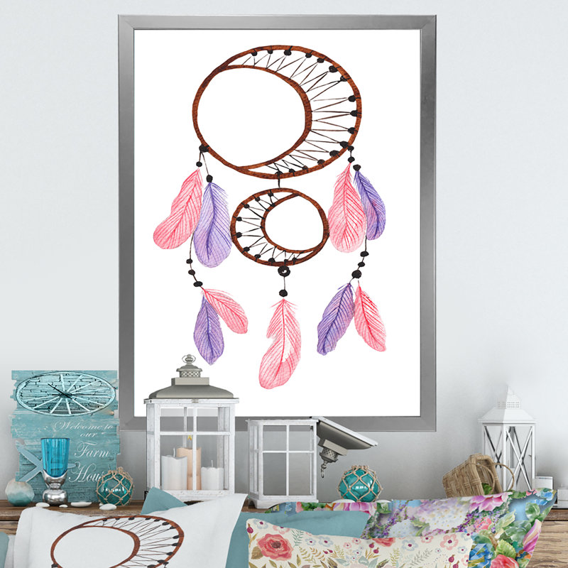 Attrape-rêves rose et mauve - reproduction sur toile, Toile avec cadre photo argenté, H 32 po x l 16 po x P 1 po