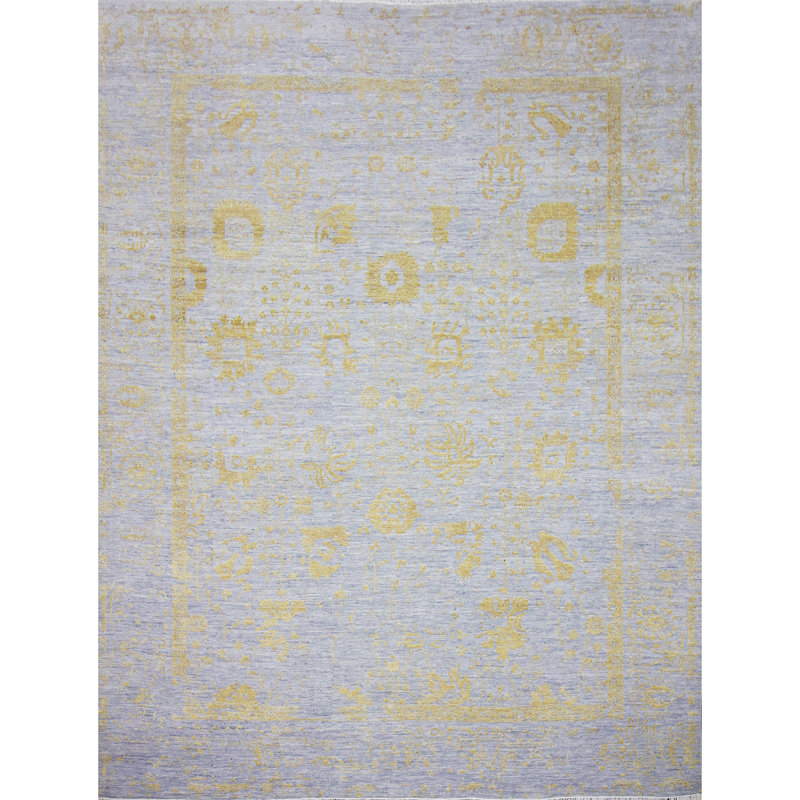 Tapis argent et or noué à la main de haute qualité, Rectangle 8 pi x 10 pi