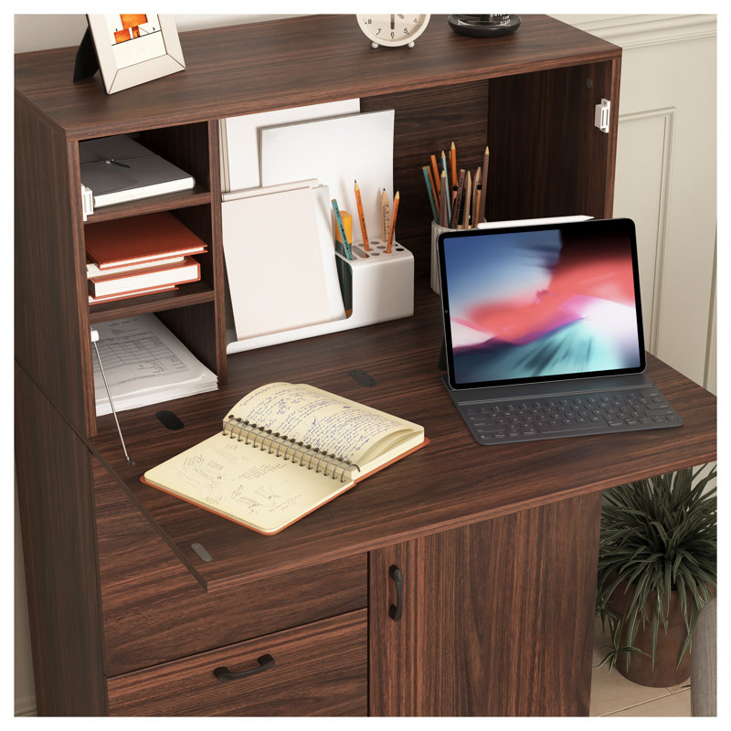 Armoire de bureau pliable en noyer avec tiroirs et tablettes de rangement - Organisateur de bureau à domicile peu encombrant