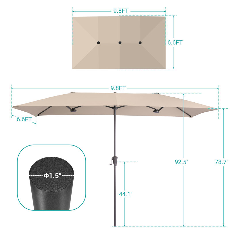 Parasols de table de patio à double face avec auvent résistant aux rayons UV et manivelle, L 10 pi x P 6,5 pi x H 7,8 pi
