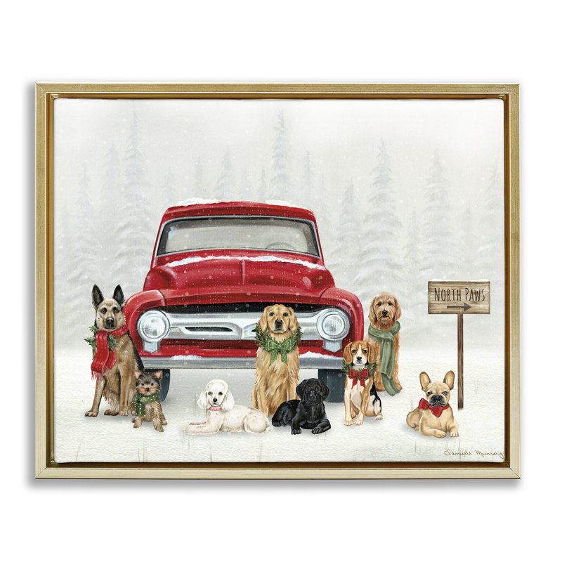 «Royal Pups Holiday Motif Floater», art mural par Danielle Murray, H 25 po x l 31 po, Cadre flottant métallique doré