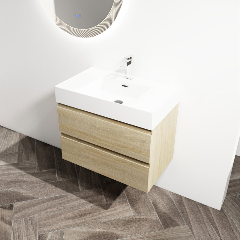 Meuble-lavabo en résine 30 po, 2 tiroirs à fermeture en douceur, moderne, chêne clair 30 po avec fixation murale, salle de bain