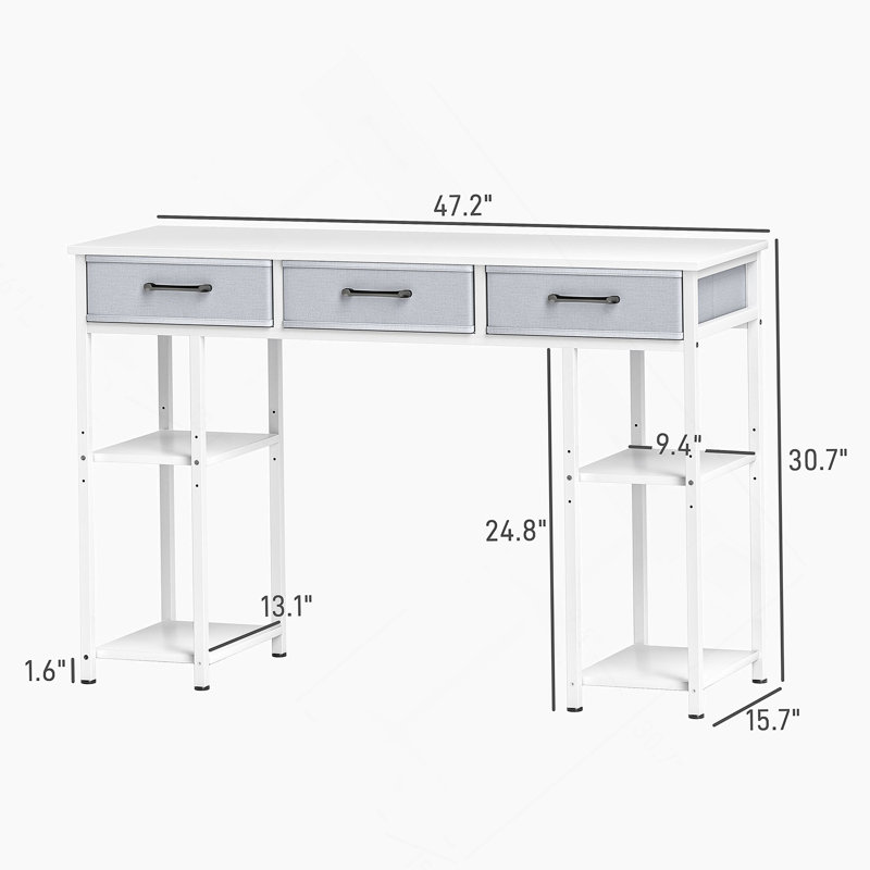 Bureau d'écriture, petit bureau d'ordinateur avec tiroirs en tissu, bureau à domicile avec tablettes, Blanc