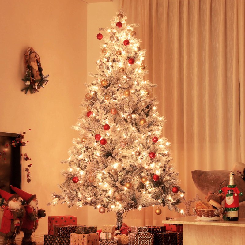 Arbre de Noël artificiel pré-éclairé avec lumières et pointes claires, arbre de Noël enneigé avec support en métal, arbre de Noël à charnières pour les vacances de bureau à domicile, vert