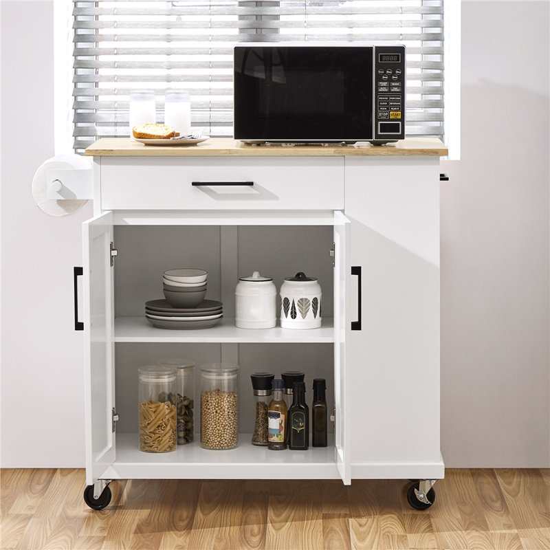 Chariot pour îlot de cuisine H 36 po avec plateau en bois massif et rangement, Blanc