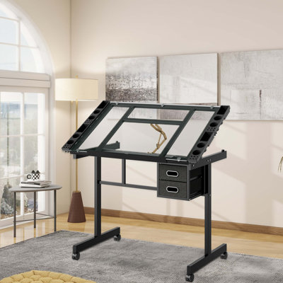 Bureau de dessin d'art réglable avec plateau en verre inclinable, deux tiroirs en tissu, roues verrouillables silencieuses et fonctionnalité de dessin ergonomique.