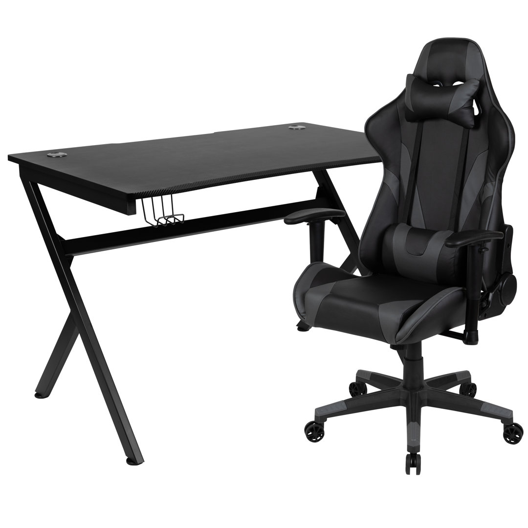 Gaming Desk and Reclining Gaming Chair Set with Cup Holder, Headphone Hook & 2 Wire Management Holes Inbox Zero 