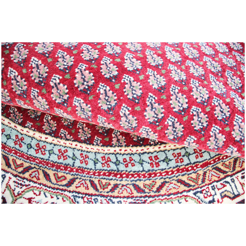 Tapis rouge / crème / bleu noué à la main de haute qualité, Rond 6 pi