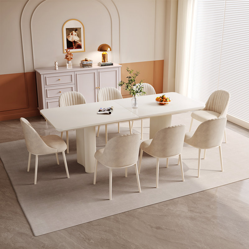 78.97" Modern Rectangle Cream White Dining Table Set with 8 Chairs for Kitchen, Bar, Living Room, 30"H x 78.97"W x 35.43"D