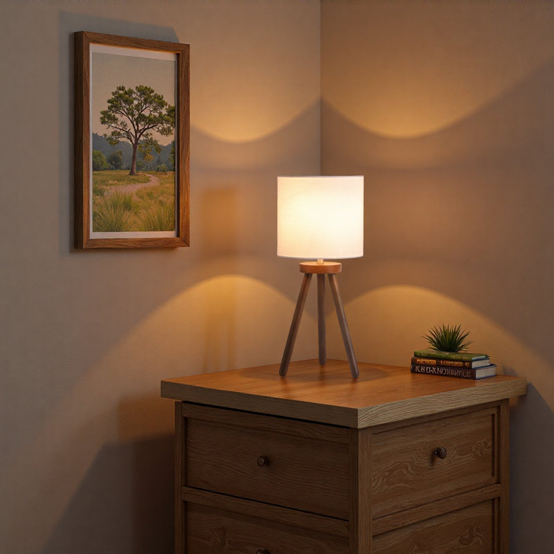 18 po Lampe de table à trépied en bois naturel avec abat-jour tambour en lin blanc, Blanc, Brun