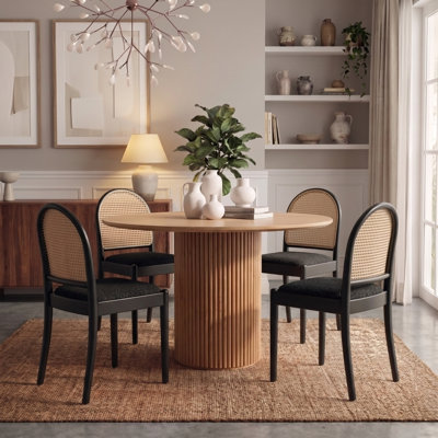 Rattan Dining Chairs Set of 4, Upholstered Linen Dining Room Chairs with Backrests, Modern Kitchen Chairs with Wood Legs for Dining Room