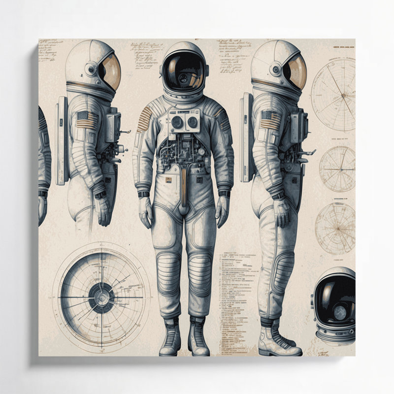 «Space Space suit», dessins techniques sur toile beige, H 12 po x l 12 po