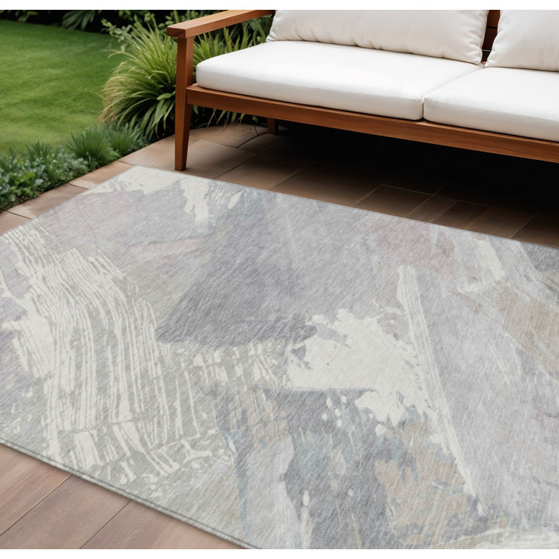 Tapis intérieur lavable abstrait ivoire et gris 8 pi x 10 pi