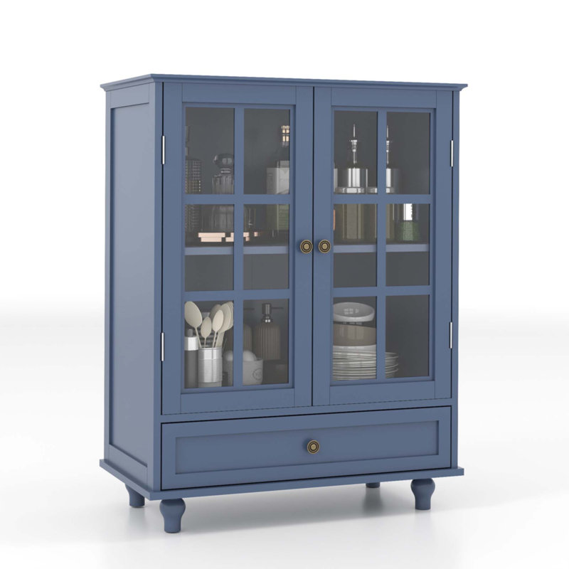 Minimalist Blue Buffet Cabinet With Double Glass Doors And Drawer, Blue