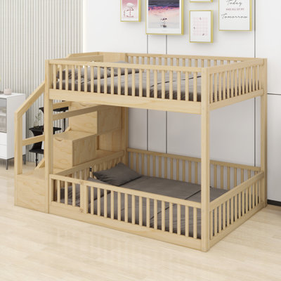 Space-Saving Floor Bunk Bed Featuring a Convenient Storage Staircase for Safe and Organized Sleeping