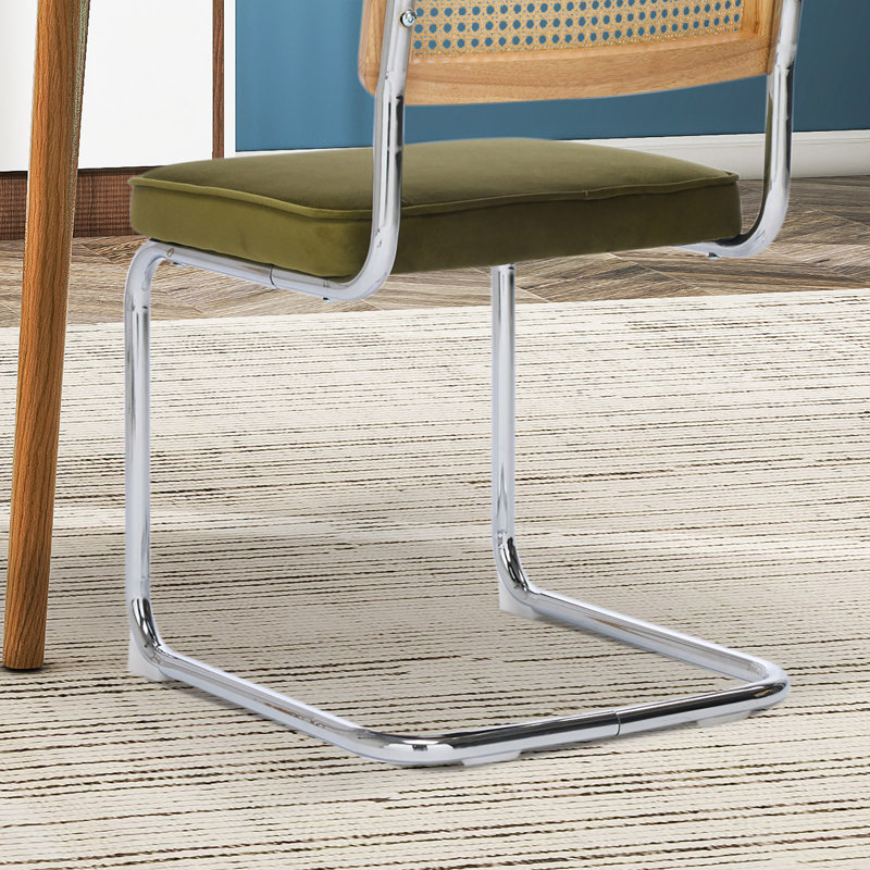 Rattan Backrest Upholstered Side Chair (Set Of 2), Olive Green