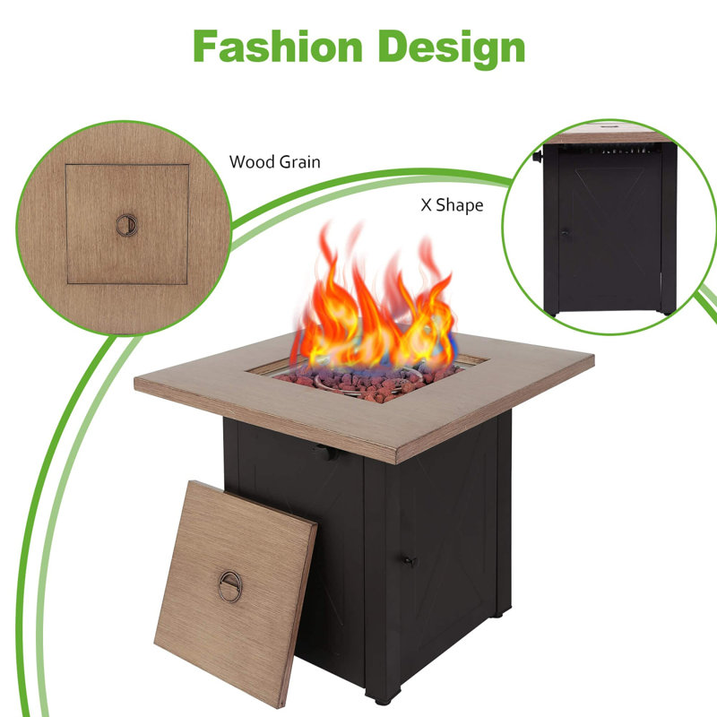 Table de foyer d'extérieur au gaz 28 pouces, 48 000 BTU, table d'extérieur carrée pour patio extérieur au propane, certification ETL, couvercle à grain de bois Bionic, pour cour, jardin, fête, terrasse, cour