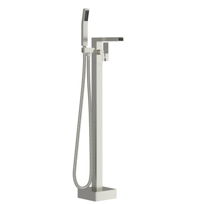 Robinet de salle de bain autoportant avec robinet de baignoire cascade et douche à main détachable, rotatif à 360 °, double température, robinet en laiton nickel brossé, douchette pivotante