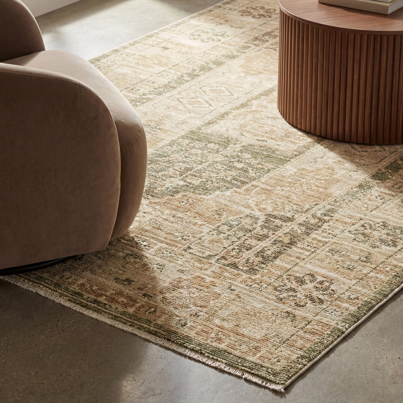 Tapis Wyline à franges vertes et dorées, style tribal mondial vieilli, Rectangle 5 pi 3 po x 7 pi 6 po
