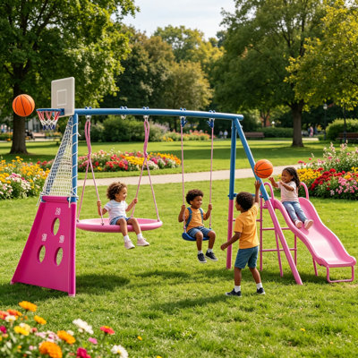 Ensemble de balançoire en métal 5-en-1 pour cour arrière, aire de jeu extérieure pour enfants avec glissade, soucoupe et balançoires à ceinture simple, panier de basketball + but de soccer, cadre en A robuste pour les enfants de 3 à 10 ans