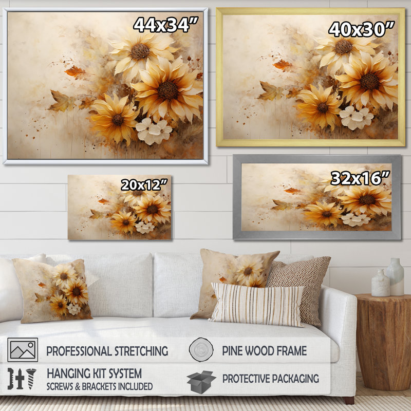 Minimalisme efflorescence de tournesols beiges sur toile, Cadre naturel flottant, H 16 po x l 32 po