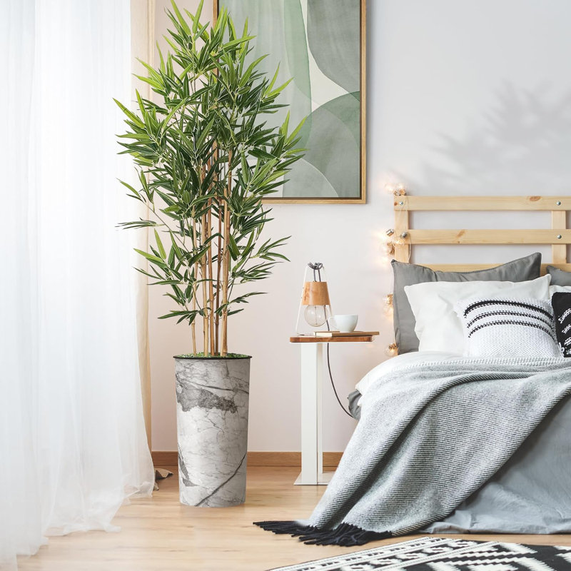 Artificial Tree in Contemporary Planter Fake Bamboo Silk Tree (Plant Pot Plus Tree), Marble Light Grey