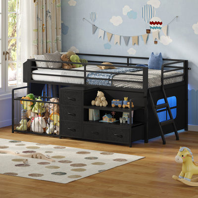 Lit mezzanine bas simple avec rangement pour animaux en peluche, lumières DEL, lit mezzanine en métal avec 5 tiroirs et 2 tablettes ouvertes, barrière de sécurité, espace de jeu sous le lit, noir