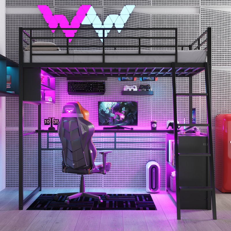 Lit mezzanine double en métal avec DEL, bureau et 4 tablettes de rangement, noir