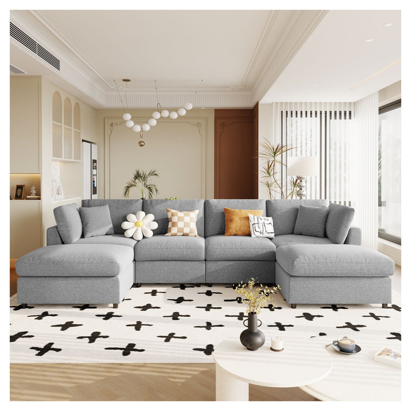 U_STYLE Grand canapé modulaire en U de 128 po avec 2 repose-pieds, tissu chenille gris, canapé de salon 6 places