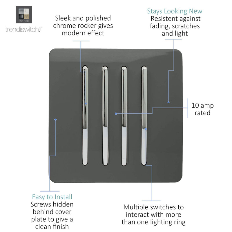 Trendi Switch 4 Gang 1 or 2 way Rocket Light Switch, Charcoal