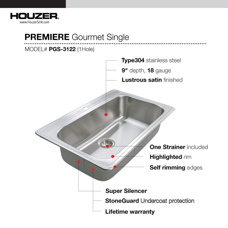 Premiere Gourmet 33'' L Single Bowl Stainless Steel Kitchen Sink, 1 Hole