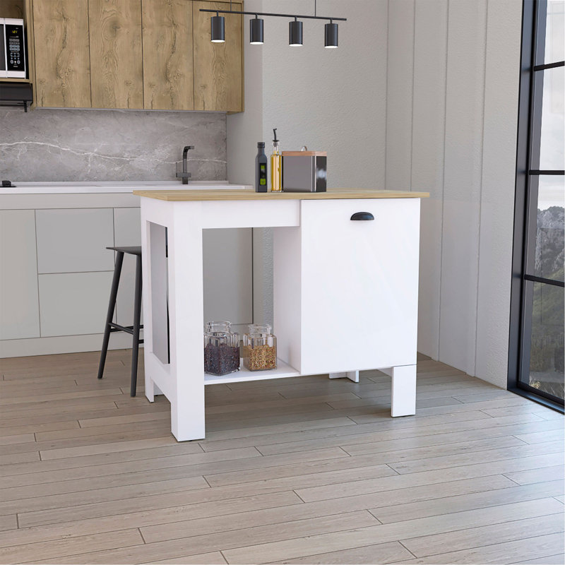 Kitchen Island 35" H, One Storage Cabinet With Door, Two Internal Shelves, One Open Storage Shelf, White/Macadamia